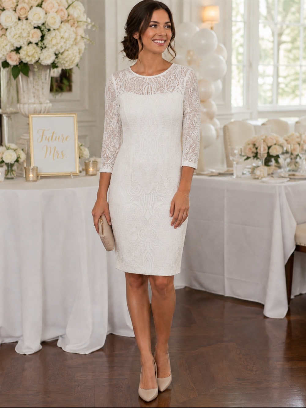 Cache White Lace Midi Sheath Dress with Three-Quarter Sleeves